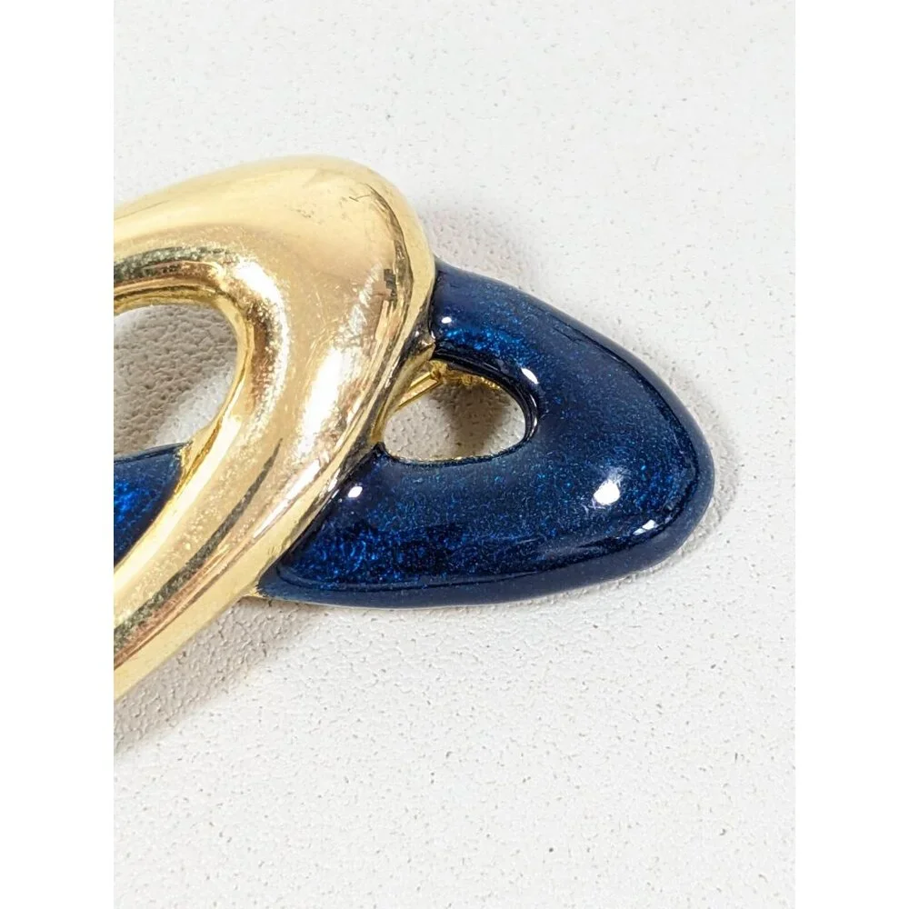 Vintage‎ Gold Tone Blue Enamel Twist Knot Curved Bar Pin Brooch